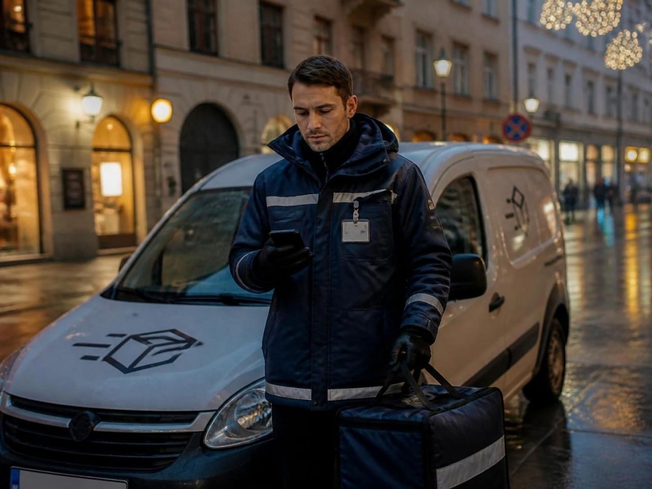 Kurýr s taškou u služební dodávky